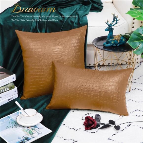 Faux Leather Pillow Covers 18 X 18 Inches, Tan Leather Pillow Covers Pack of 2 - Picture 4 of 7